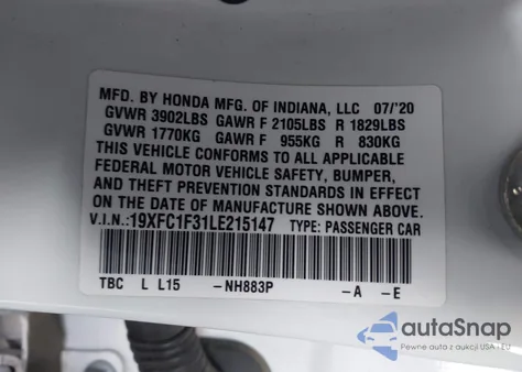 2020 Honda Civic Ex z USA, uszkodzony, nr VIN 19XFC1F31LE215147